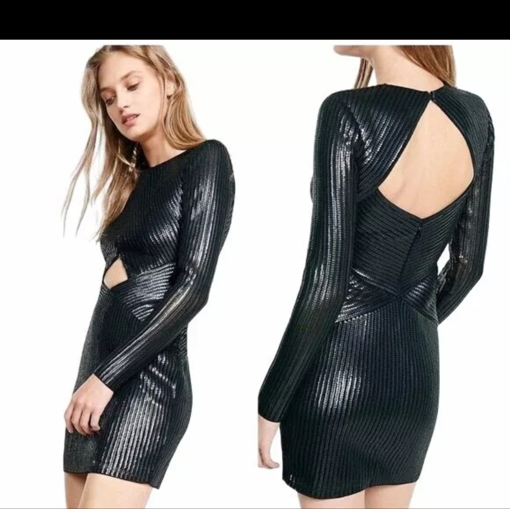 Express Sequin Black Cut Out Long Sleeve Dress 4